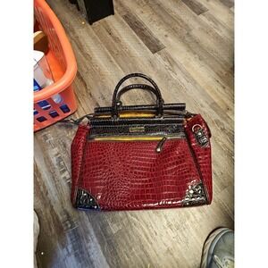 Samantha Brown Croco-Embossed Dowel Travel Bag Tote Work Weekender Red Brown